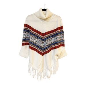 F29 ALPACA Blend Turtleneck Fringe Poncho Made In Peru White One Size